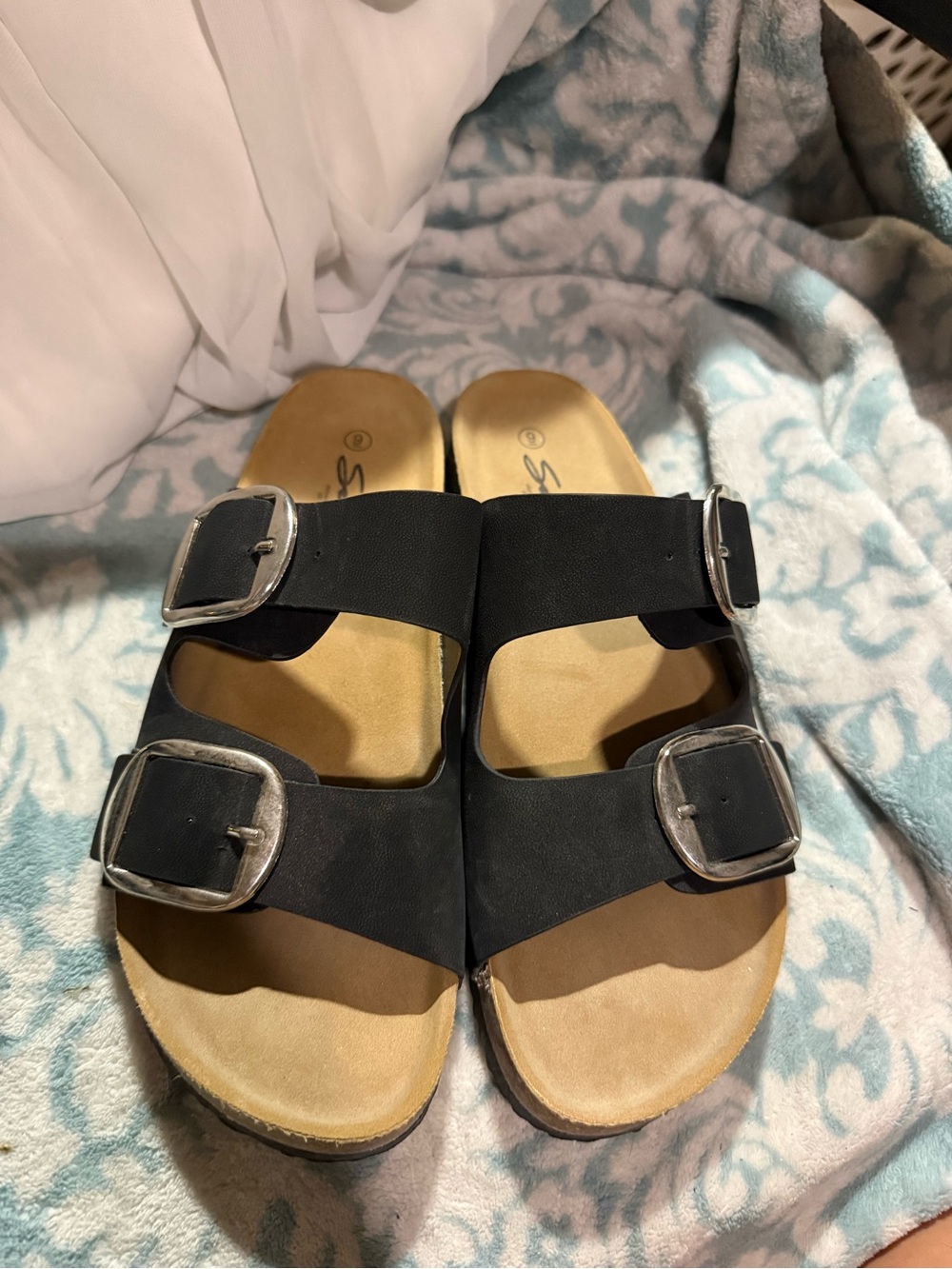Seven7 Black Double Buckle Slide Sandals